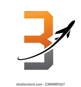 Orange and Black Futuristic Letter B Icon with an Airplane on a White Background
