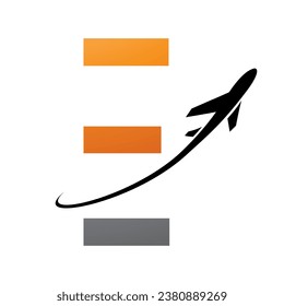 Orange and Black Futuristic Letter E Icon with an Airplane on a White Background