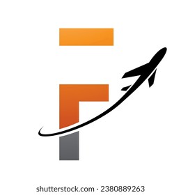 Orange and Black Futuristic Letter F Icon with an Airplane on a White Background