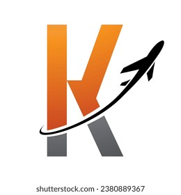 Orange and Black Futuristic Letter K Icon with an Airplane on a White Background