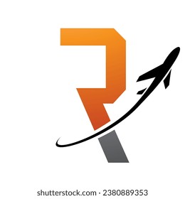 Orange and Black Futuristic Letter R Icon with an Airplane on a White Background