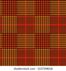 Orange Black Glen Plaid Seamless Vector Pattern with Dark Red Overcheck. Halloween Background. Prince of Wales Check. Classic 9x9 Houndstooth Scottish Fabric. Pixel Pattern Tile Swatch Included.