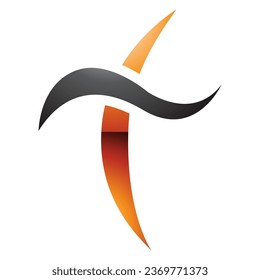 Orange and Black Glossy Curvy Sword Shaped Letter T Icon on a White Background