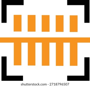 Ícone gráfico laranja e preto representando um processo de digitalização de código de produto universal para o gerenciamento de inventário moderno