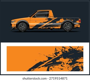 Se muestra una envoltura gráfica naranja y negro diseñada para una camioneta.