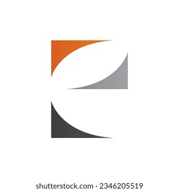 Icono de la letra minúscula E de color negro y gris naranja con triángulos curvados en fondo blanco