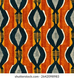 Orange, black, and grey patterned fabric with an abstract geometric, grunge lines ikat pattern, ikat seamless pattern, Vector illustration background for print the paper.