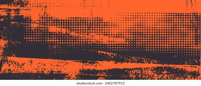 Fondo urbano naranja y negro grunge con textura áspera seca y patrón de medio tono. Banner retro de vector punk dibujado a mano. Sellos de textura superpuesta con trazos de grunge vintage, desgastado y efecto polvo.