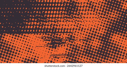 Orange and black grunge urban background with dry rough texture and halftones pattern. Hand drawn punk vector retro banner. Overlay texture stamps with vintage grunge modern
