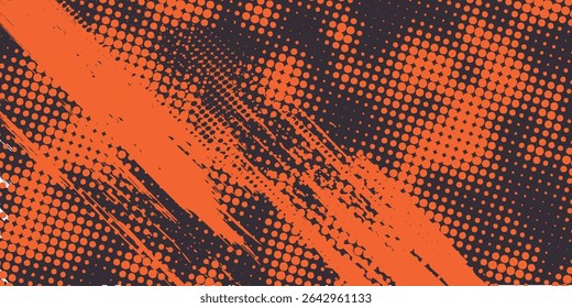Orange and black grunge urban background with dry rough texture and halftones pattern. Hand drawn punk vector retro banner. Overlay texture stamps with vintage grunge modern