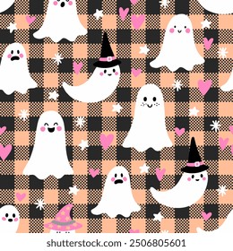 Orange and Black Halloween Lumberjack plaid. Pink Hearts. Cute ghosts. Vector illustration pattern.