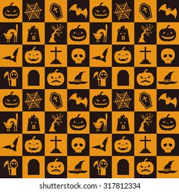 Orange and black halloween pattern with pumpkin, bat, spider web and etc