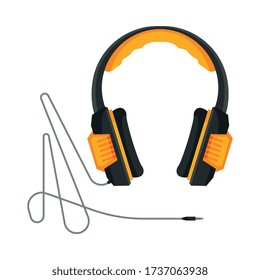 Orange and Black Headphones with Cable, Accessory for Music Listening or Gaming Vector Illustration
