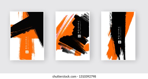 Orange black ink brush stroke on white background. Japanese style. Vector illustration of grunge abstract stains