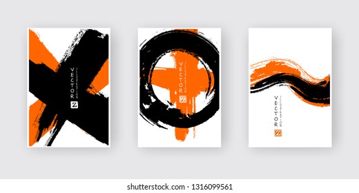 Orange black ink brush stroke on white background. Japanese style. Vector illustration of grunge abstract stains