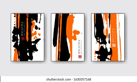 Orange black ink brush stroke on white background. Japanese style. Vector illustration of grunge wave stains.Vector brushes illustration.