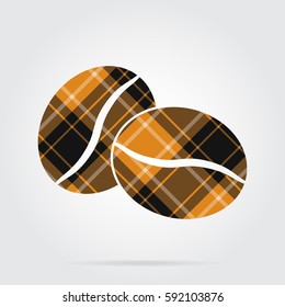 orange, black isolated tartan icon with white stripes - two coffee beans and shadow in front of a gray background