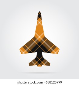 orange, black isolated tartan icon with white stripes - fighter and shadow in front of a gray background