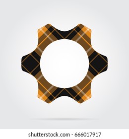 orange, black isolated tartan icon with white stripes - cogwheel and shadow in front of a gray background