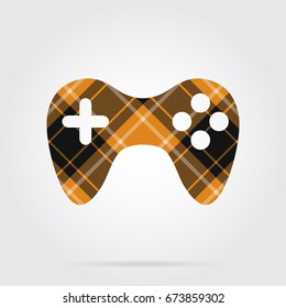 orange, black isolated tartan icon with white stripes - gamepad and shadow in front of a gray background
