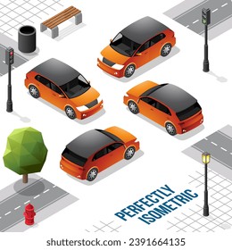 Orange and Black Isometric Hatchback Car from Front Back Right and Left isolated on White