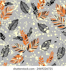 Orange schwarze Blätter nahtloses Muster. Handzeichnung. Nicht KI, Vektorillustration.