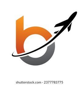 Orange and Black Lowercase Letter B Icon with an Airplane on a White Background