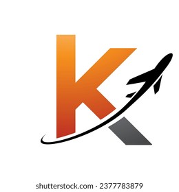 Orange and Black Lowercase Letter K Icon with an Airplane on a White Background