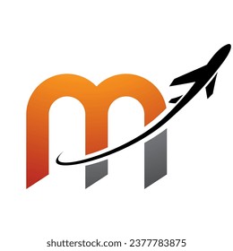 Orange and Black Lowercase Letter M Icon with an Airplane on a White Background