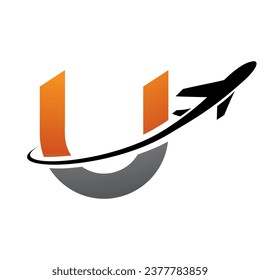 Orange and Black Lowercase Letter U Icon with an Airplane on a White Background