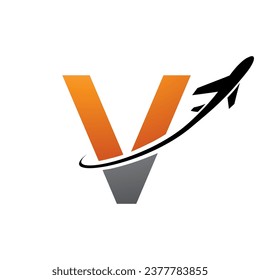Orange and Black Lowercase Letter V Icon with an Airplane on a White Background