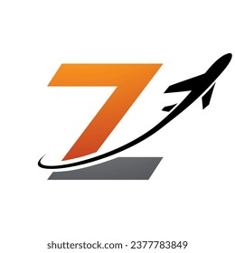 Orange and Black Lowercase Letter Z Icon with an Airplane on a White Background