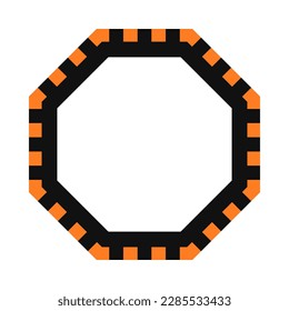 Marco octágono de borde de muesca negro, naranja. Un símbolo octagonal con bordes ennizados. Aislado sobre un fondo blanco.