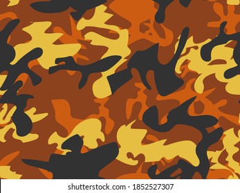 Orange Black Print. Abstract Vector Camouflage. Urban Camo Print. Military Camo Canvas. Yellow Hunter Texture. Yellow Brown Pattern. Black Camouflage Seamless Paint. Repeat Orange Military Camoflage