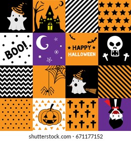 Orange, black, and purple Halloween symbols and characters for decoration which can be arranges as seamless pattern good for background 