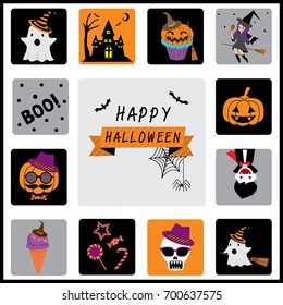 Orange, black, and purple Halloween symbols, icon and characters for decoration which can be arranges good for background 