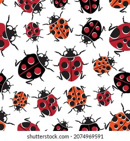 Orange, black, and red ladybirds and ladybugs on a white background. Seamless repeating pattern. Vector illustration for textile, wrapping, and packaging.