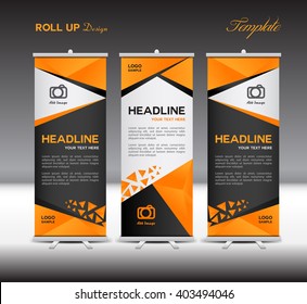 Orange And Black Roll Up Banner Vector Template, Display, Polygon Background, Advertisement, Flyer Design, Stand Layout