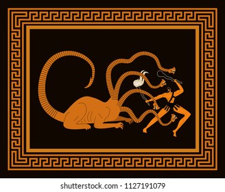 orange and black scene hercules fighting the hydra