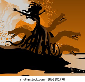 orange and black scylla sea monster