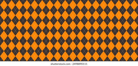 Orange and black seamless argyle pattern. Halloween rhombus repeated texture background. Stitched diamond forms for textile design, fabric print, wrapping paper, clothes design. Vector wallpaper