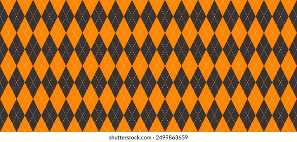 Orangefarbenes und schwarzes nahtloses Argyle Muster. Halloween Rhombus wiederholende Textur Hintergrund. Vernähte Diamantformen für Textilbekleidung Design, Stoffdruck, Umhüllungspapier. Vektortapete