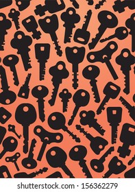 Orange and black seamless background. Key. Vector composition with elements of silhouettes of keys.