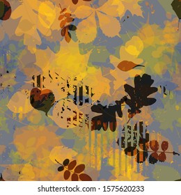 Orange and black seamless texture with leaves and stripes. Abstract vector background for web page, banners backdrop, fabric, home decor, wrapping