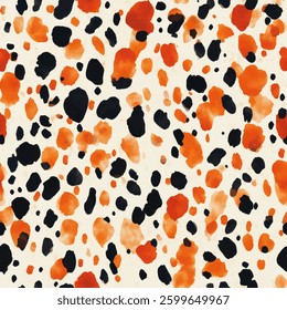 Orange and black spots on a white background, animal skin vector illustration. Watercolor print in rustic vintage style, textile or wallpapers.