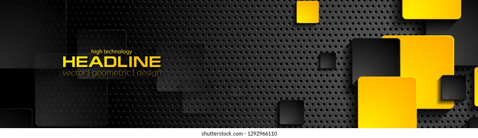 Cuadros naranja y negro sobre fondo perforado metálico oscuro. Banner geométrico vectorial
