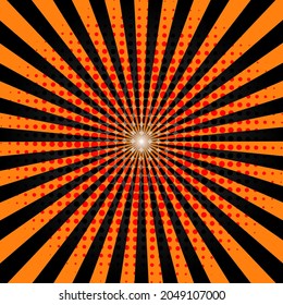 Orange and Black Sunburst Pattern Background. Rays. Sunburst background. Vector illustration. Orange and purple radial Halloween background. Halftone background.