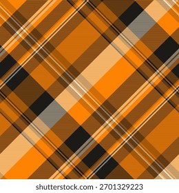 Orange, black and tan plaid pattern, diagonal. Ideal for backgrounds, textiles, or design projects needing a classic fallautumn aesthetic. Versatile, timeless.
