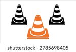 Orange and black traffic cones with white stripes on white background 