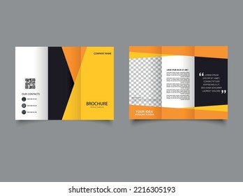 Orange black trifold brochure for advertising. Leaflet, flyer. Template Vector